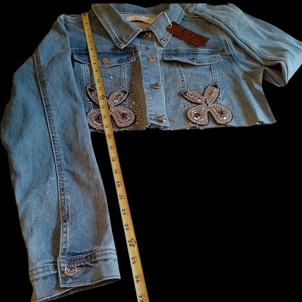 Lizette Collection Embellished Cropped Long Sleeve Denim Jacket Women Medium - Picture 12 of 12